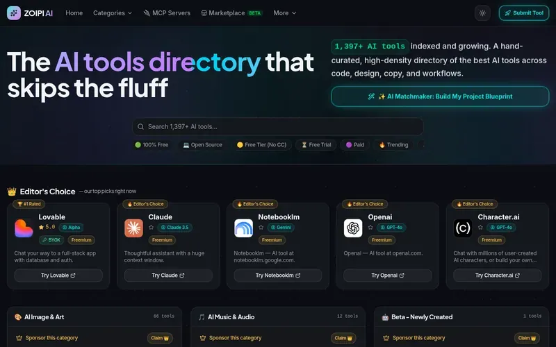 Screenshot of the Zoipi homepage