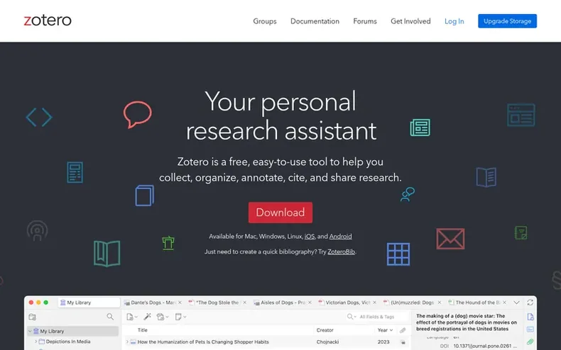 Screenshot of the Zotero homepage
