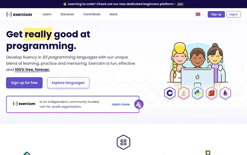 Screenshot of the Exercism homepage