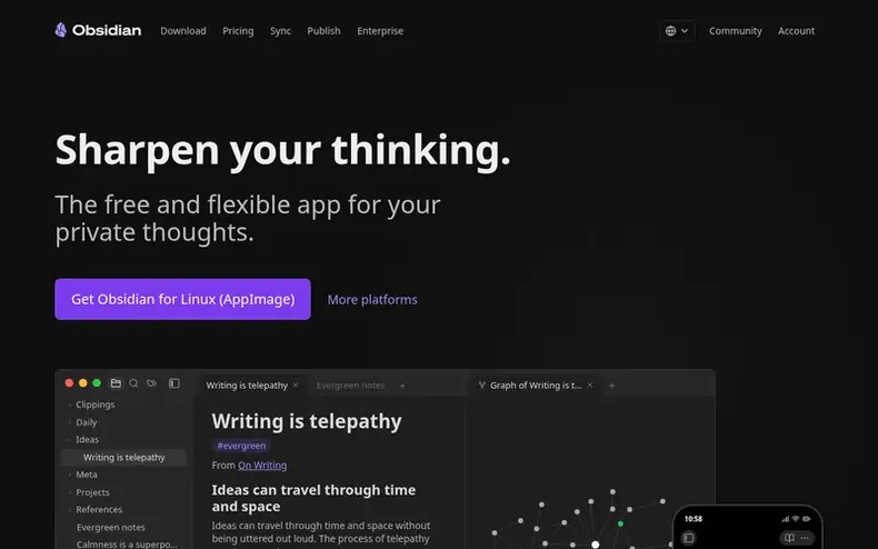 Screenshot of the Obsidian homepage
