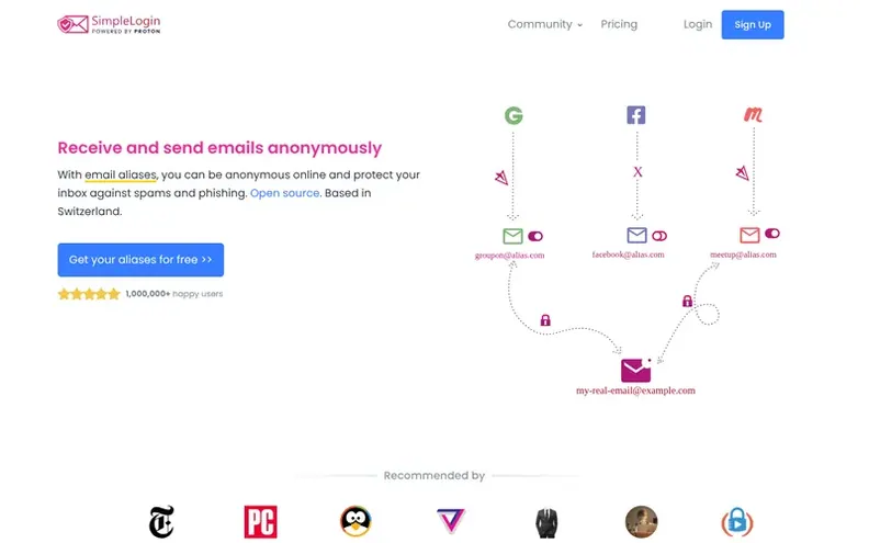Screenshot of the SimpleLogin homepage