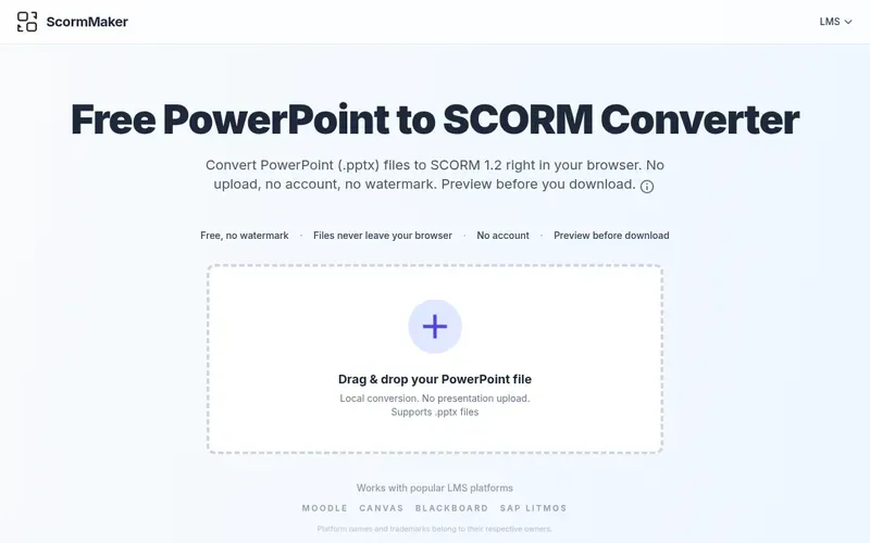 Screenshot of the ScormMaker homepage