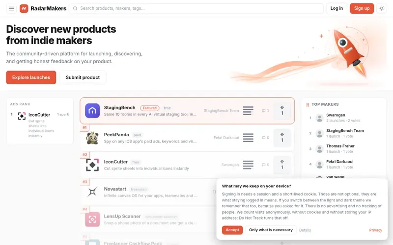 Screenshot of the RadarMakers homepage