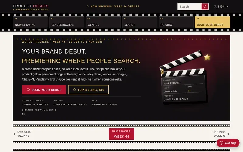 Screenshot of the Product Debuts homepage