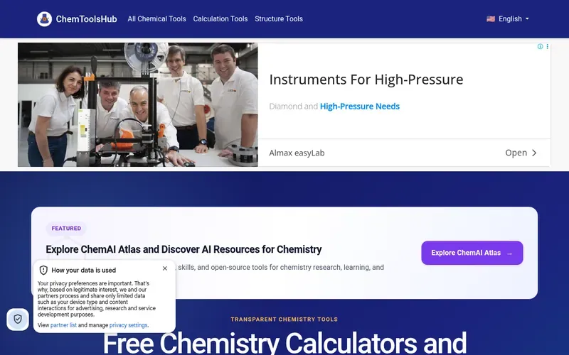 Screenshot of the ChemToolsHub homepage