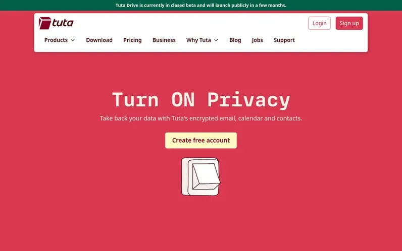 Screenshot of the Tuta homepage