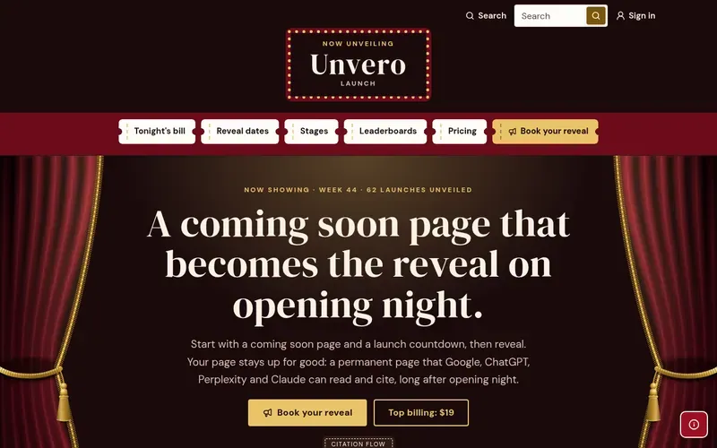 Screenshot of the Unvero Launch homepage
