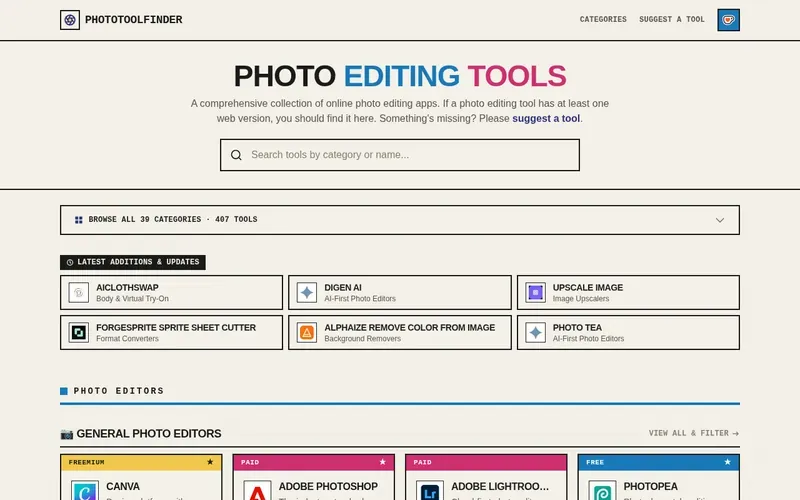 Screenshot of the PhotoToolFinder homepage