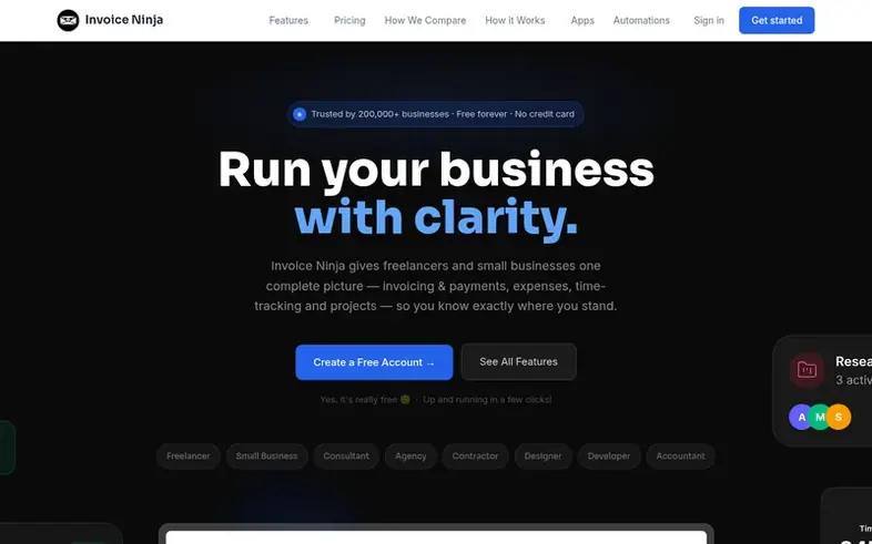 Screenshot of the Invoice Ninja homepage