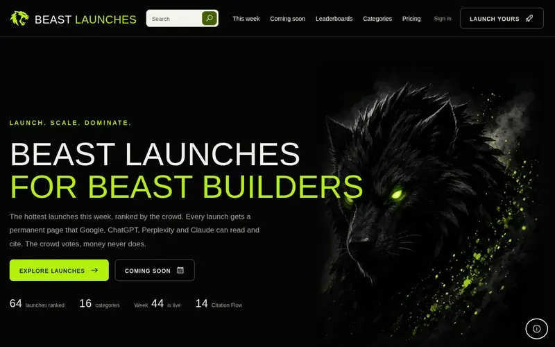 Screenshot of the Beast Launches homepage