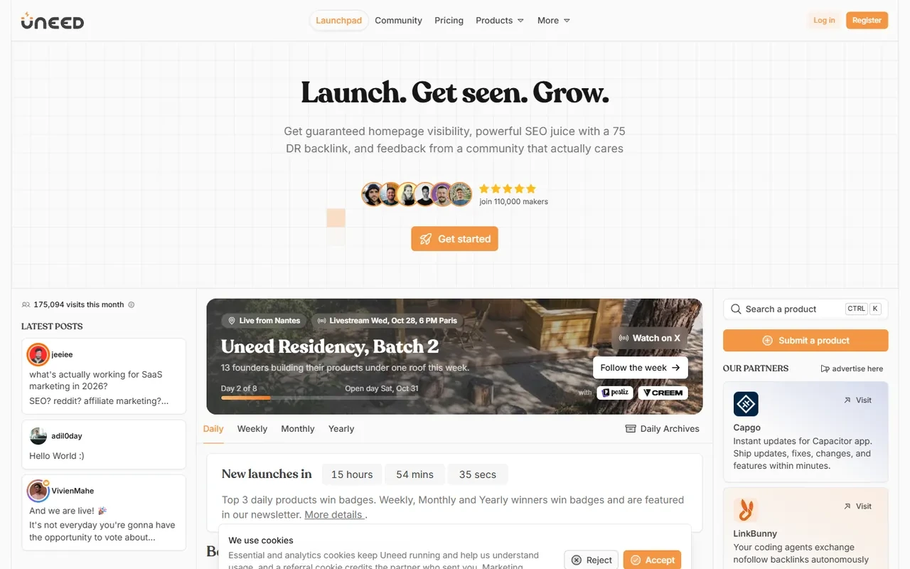 Screenshot of the Uneed homepage
