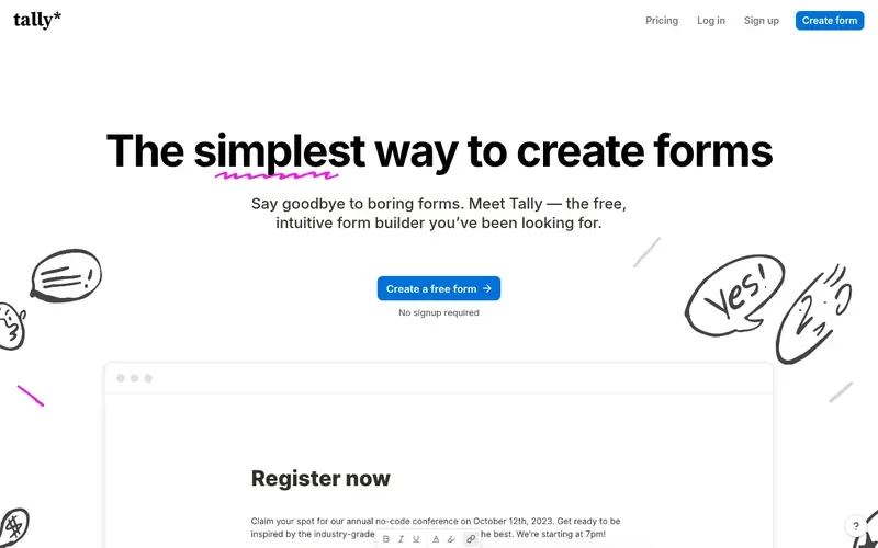 Screenshot of the Tally homepage
