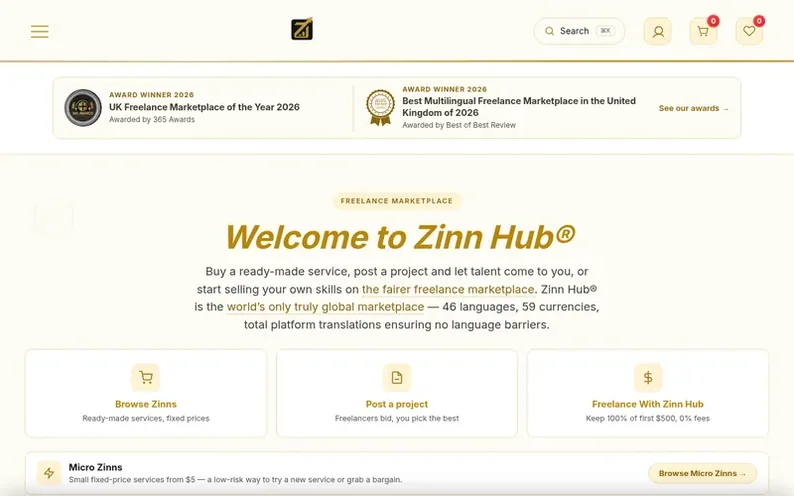 Screenshot of the Zinn Hub homepage