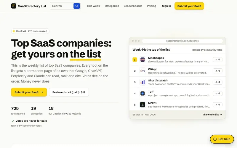 Screenshot of the SaaS Directory List homepage