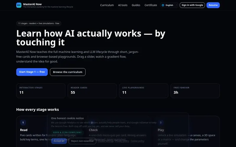Screenshot of the MasterAI Now homepage