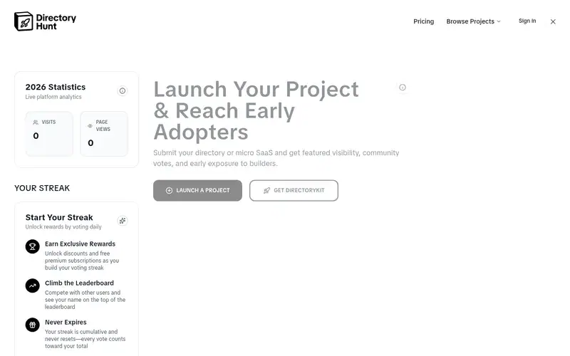 Screenshot of the Directory Hunt homepage