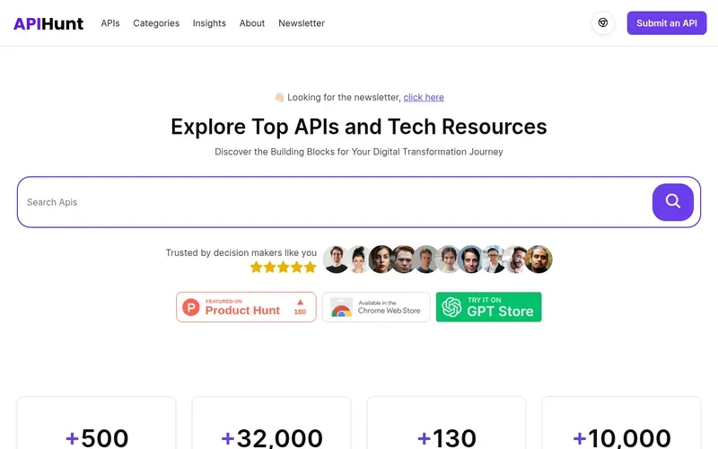 Screenshot of the API HUNT homepage