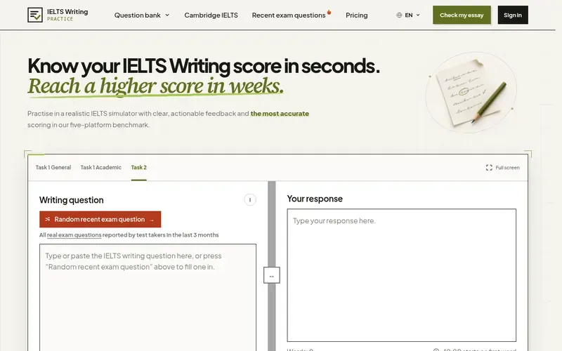 Screenshot of the IELTS Writing Practice homepage
