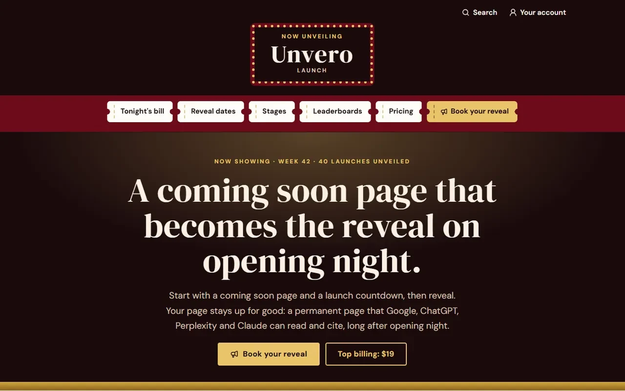 Screenshot of the Unvero Launch homepage