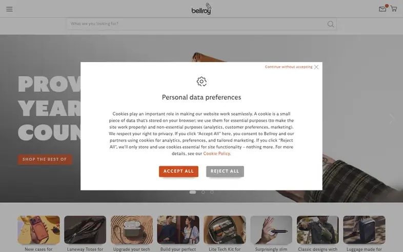 Screenshot of the Bellroy homepage