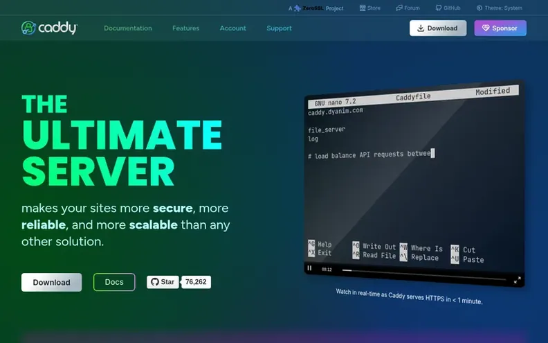 Screenshot of the Caddy homepage
