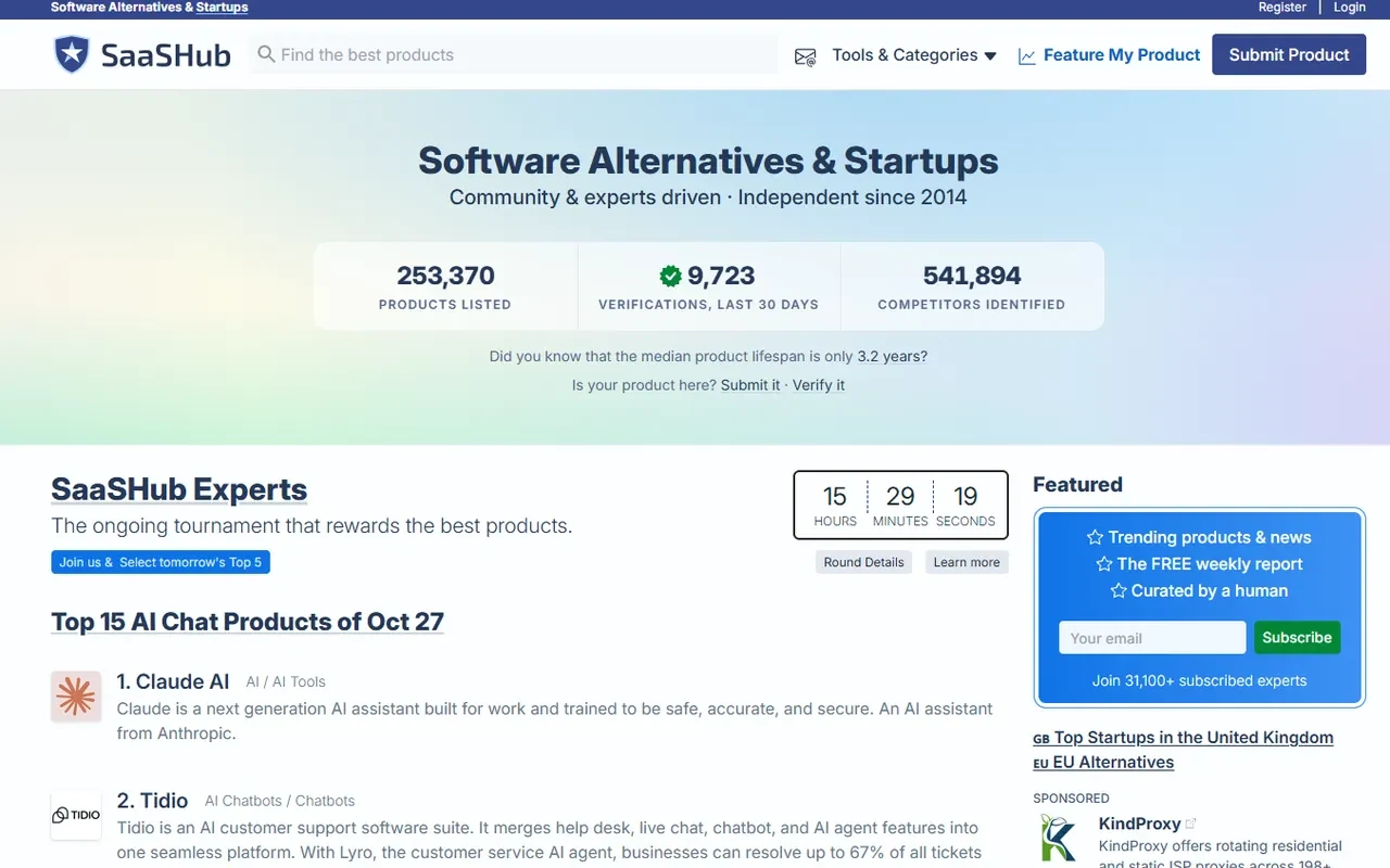 Screenshot of the SaaSHub homepage