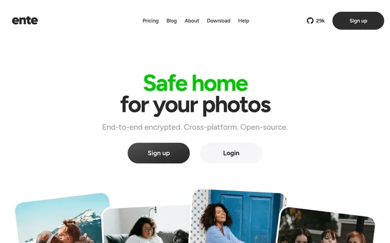 Screenshot of the Ente homepage