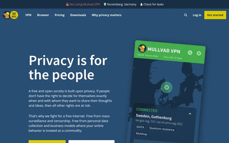 Screenshot of the Mullvad VPN homepage