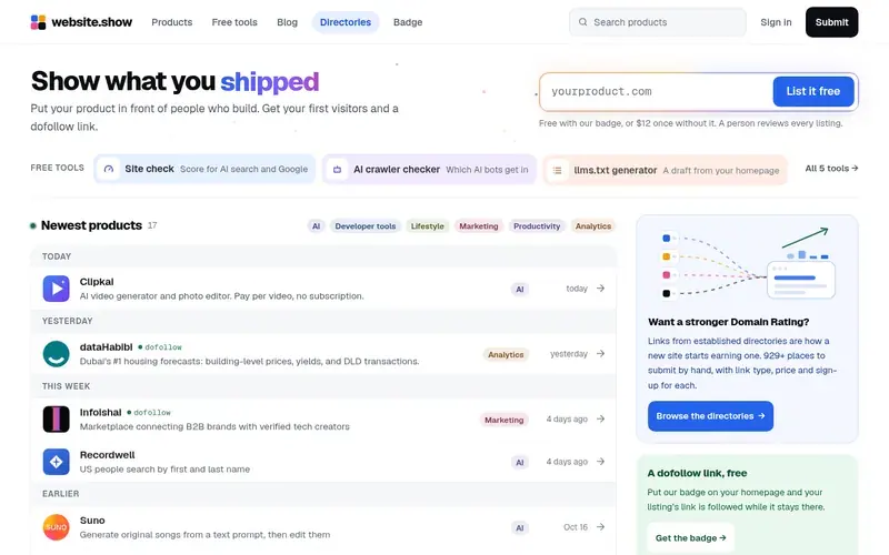 Screenshot of the website.show homepage