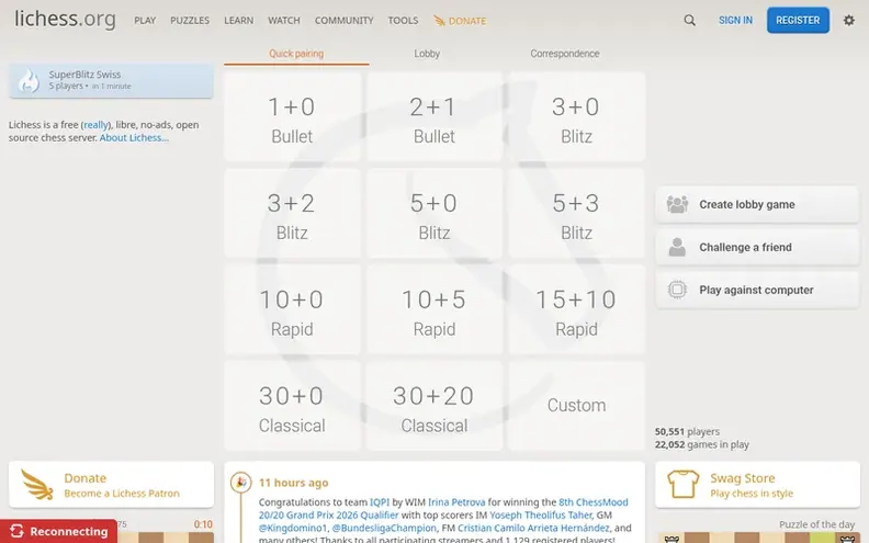 Screenshot of the Lichess homepage