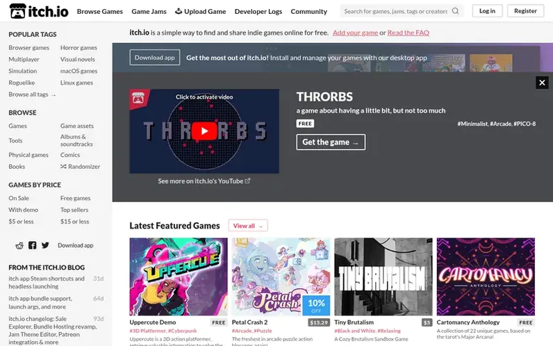 Screenshot of the itch.io homepage
