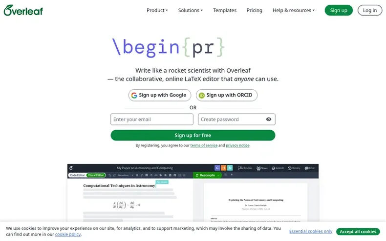 Screenshot of the Overleaf homepage