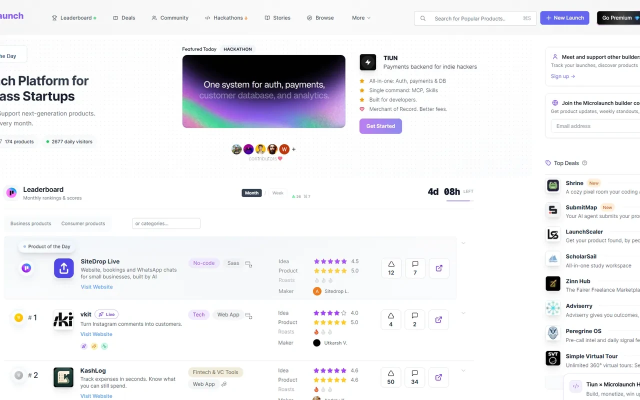 Screenshot of the Microlaunch homepage